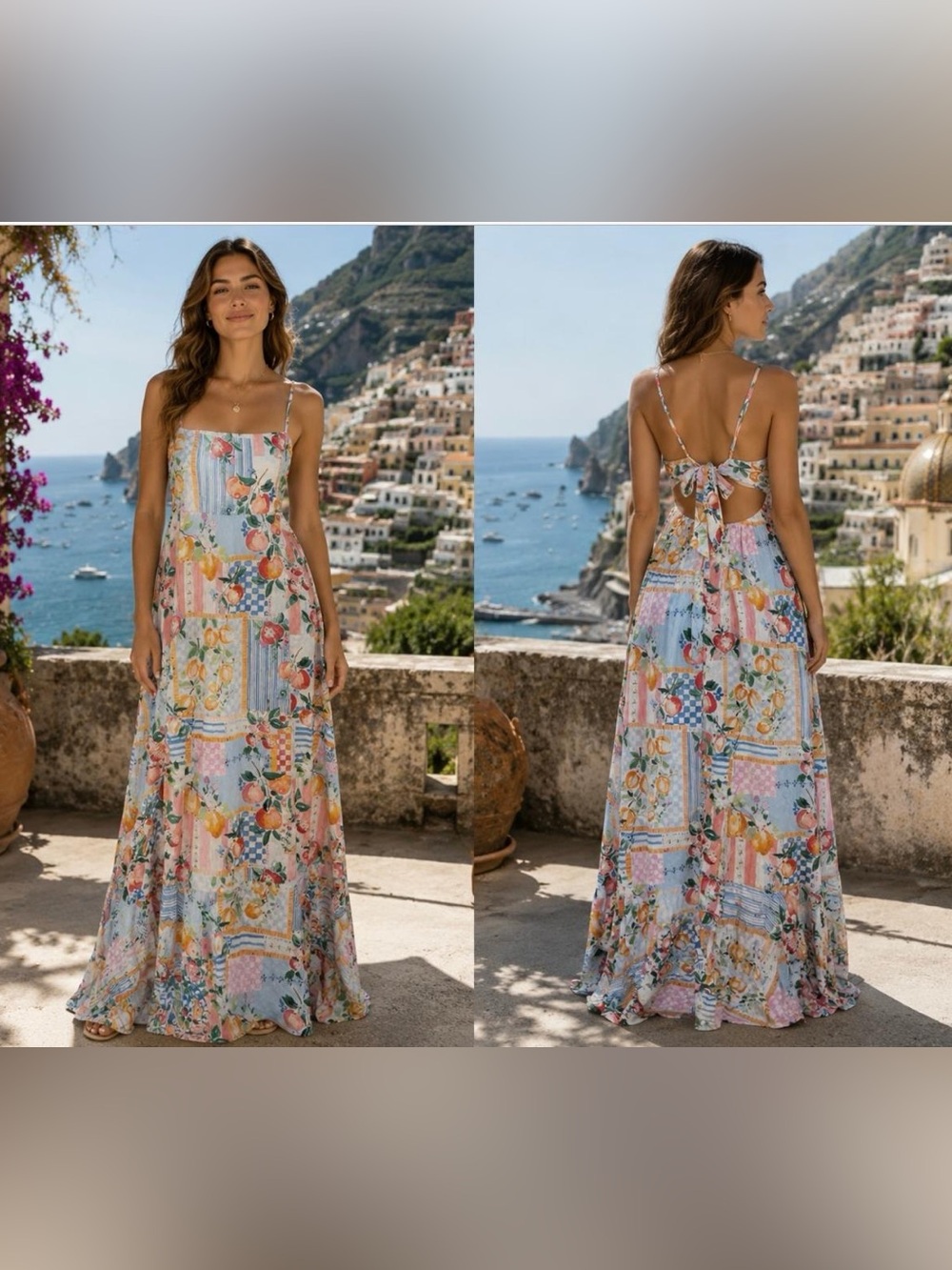 Paper Heart Fruit Patchwork Tie Back Maxi Dress Anthropologie L NWT Euro Summer